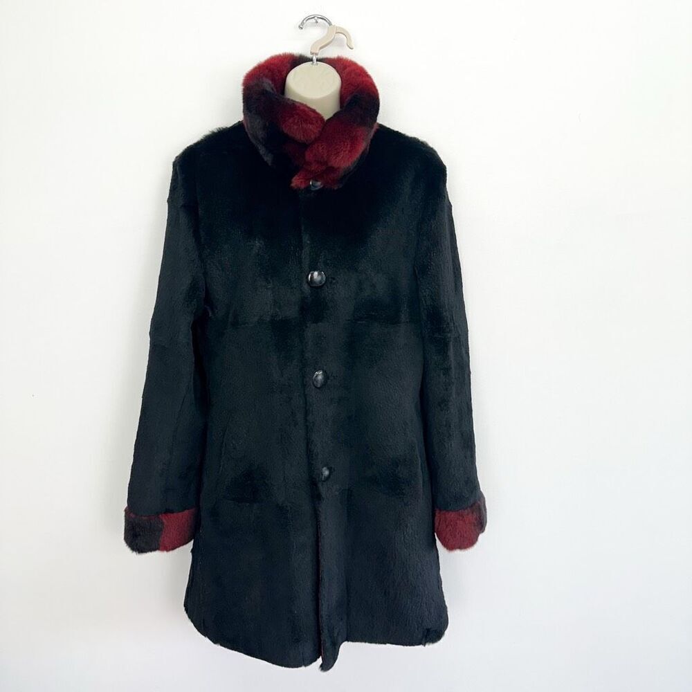Overland Reversible Women’s Black Rabbit Burgundy Red Rex Rabbit Trim Collar Cuf